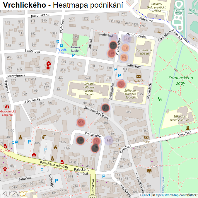Mapa Vrchlického - Firmy v ulici.