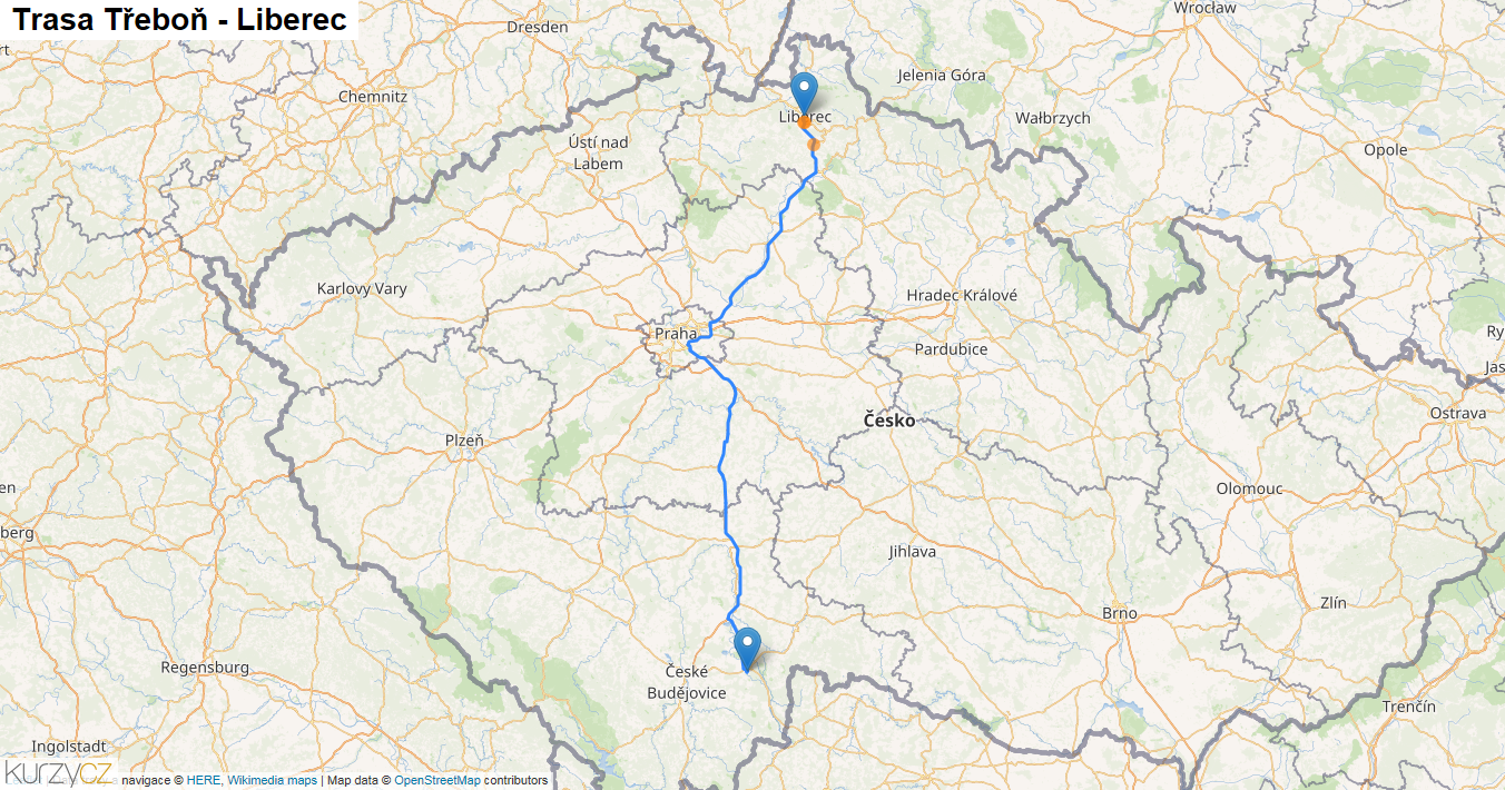Třeboň-Liberec, mapa trasy