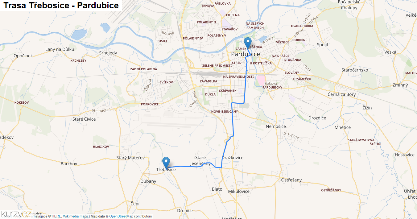 Třebosice-Pardubice, mapa trasy