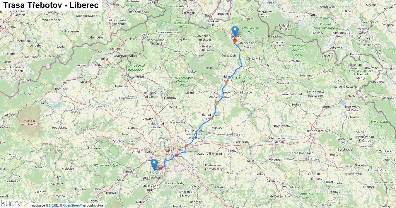 Třebotov-Liberec, mapa trasy