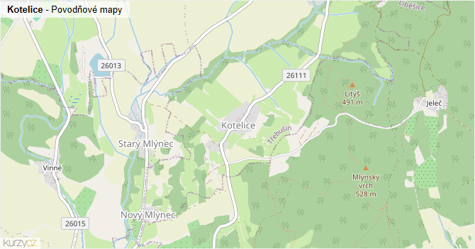 Kotelice - záplavové mapy stoleté vody