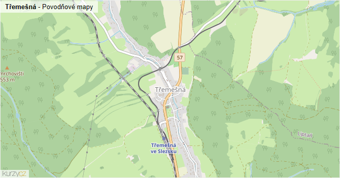 Třemešná - záplavové mapy stoleté vody