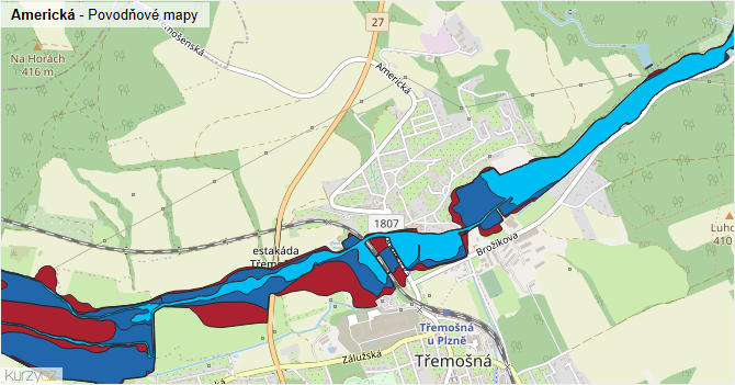 Americká - záplavové mapy stoleté vody
