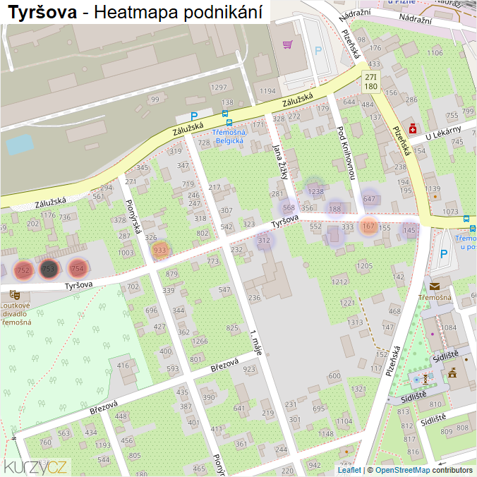 Mapa Tyršova - Firmy v ulici.