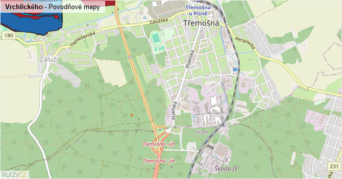 Vrchlického - záplavové mapy stoleté vody
