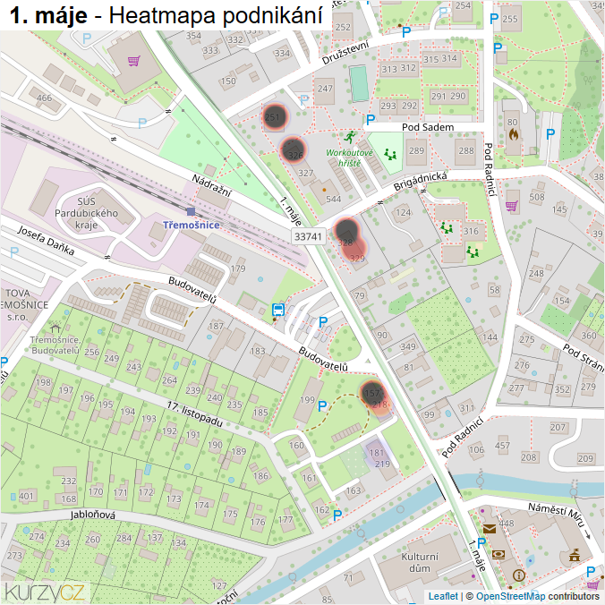 Mapa 1. máje - Firmy v ulici.