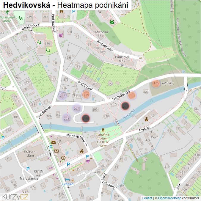 Mapa Hedvikovská - Firmy v ulici.
