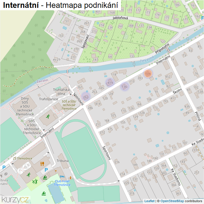 Mapa Internátní - Firmy v ulici.