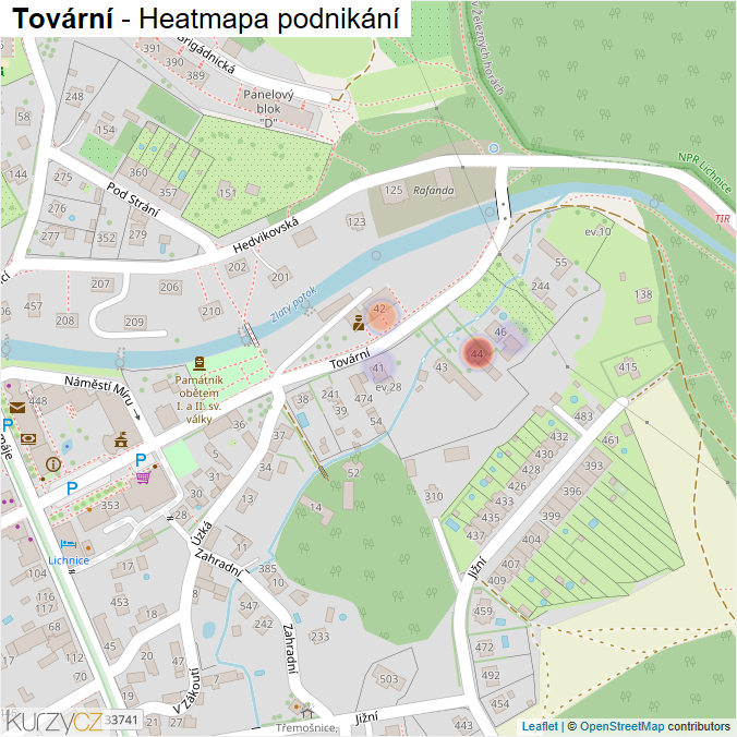 Mapa Tovární - Firmy v ulici.