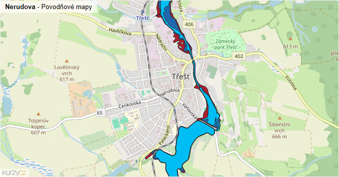 Nerudova - záplavové mapy stoleté vody