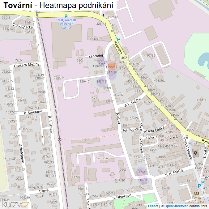 Mapa Tovární - Firmy v ulici.