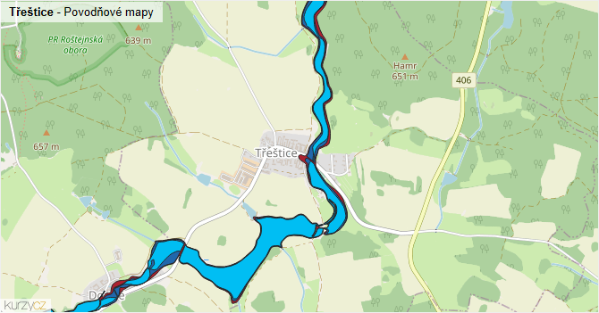 Třeštice - záplavové mapy stoleté vody