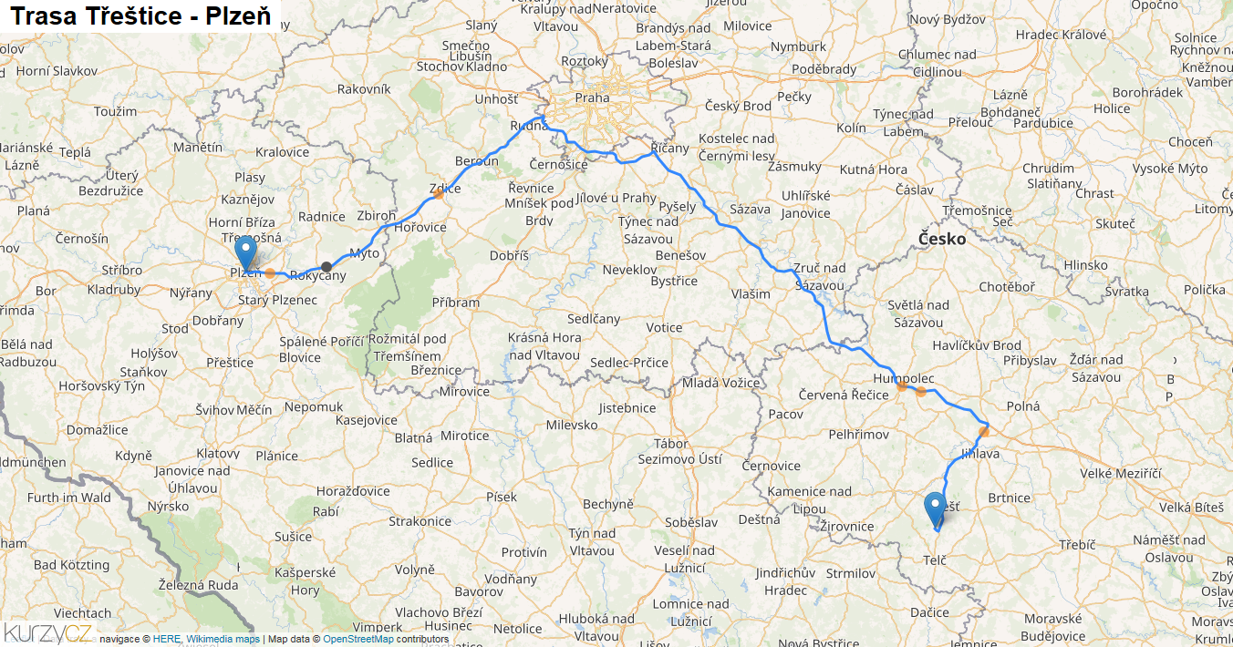 Třeštice-Plzeň, mapa trasy
