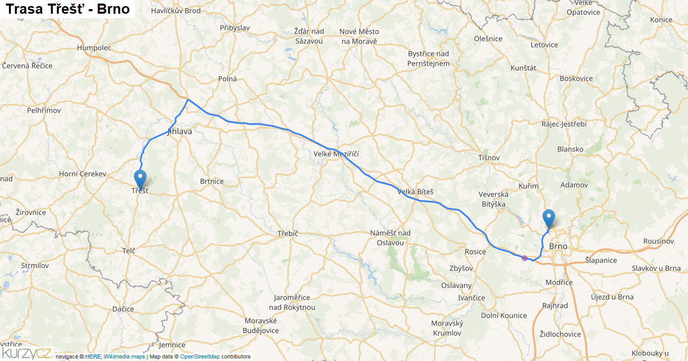 Třešť-Brno, mapa trasy