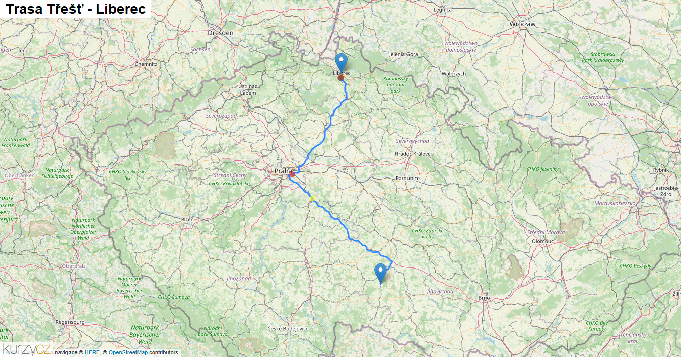 Třešť-Liberec, mapa trasy