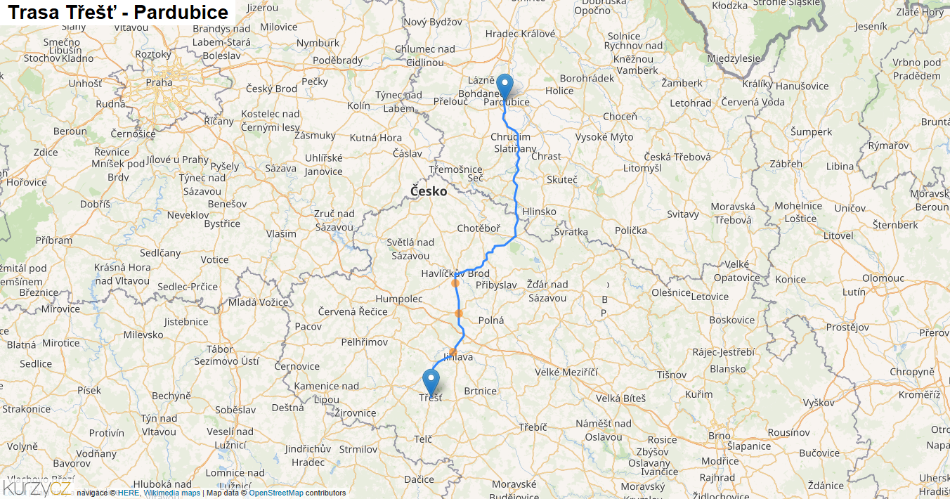 Třešť-Pardubice, mapa trasy