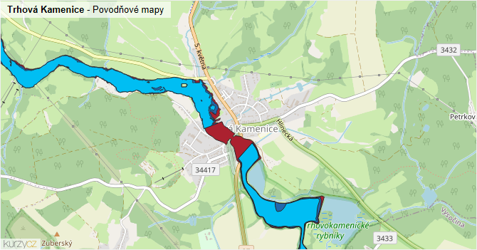 Trhová Kamenice - záplavové mapy stoleté vody