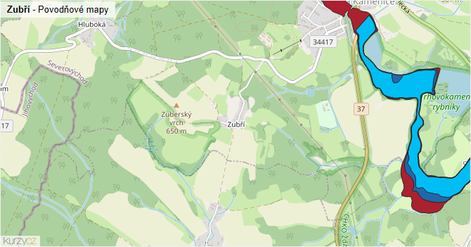 Zubří - záplavové mapy stoleté vody