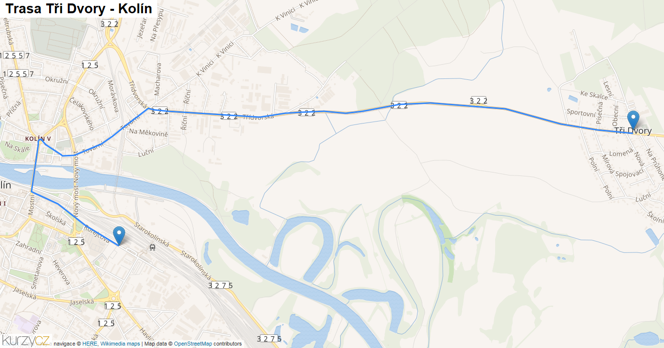 Tři Dvory-Kolín, mapa trasy
