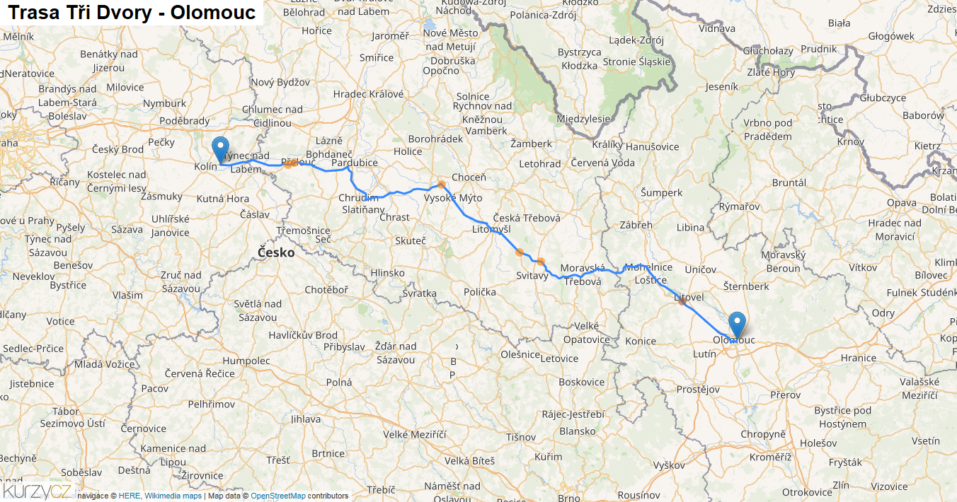 Tři Dvory-Olomouc, mapa trasy