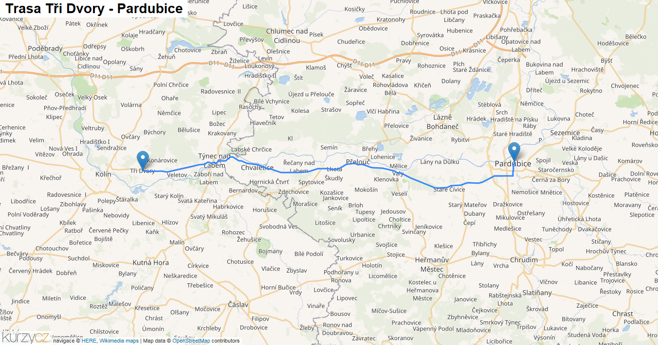 Tři Dvory-Pardubice, mapa trasy