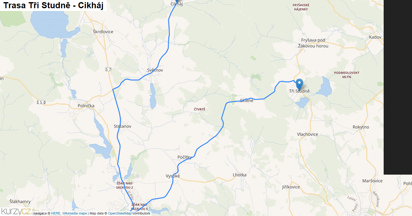 Tři Studně-Cikháj, mapa trasy
