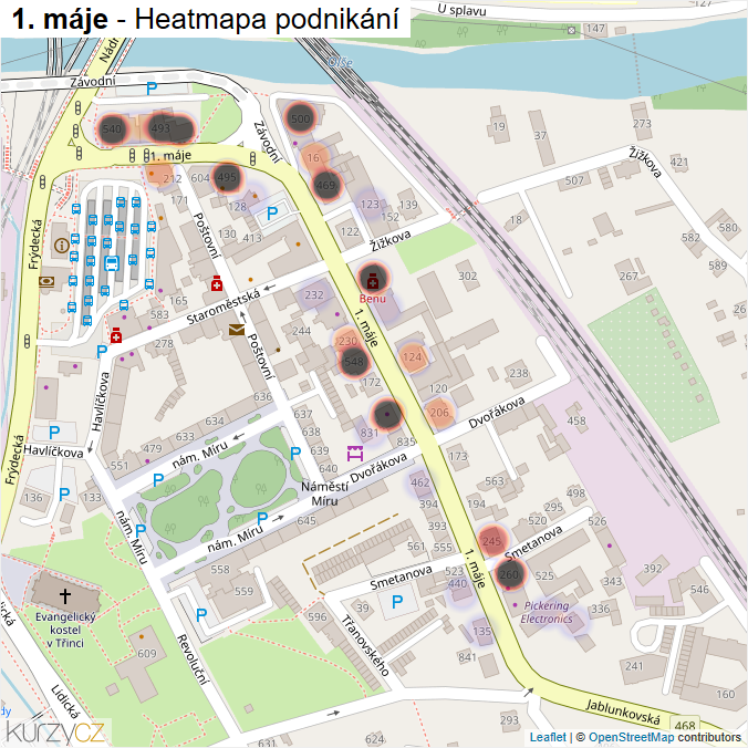 Mapa 1. máje - Firmy v ulici.