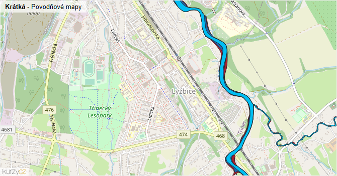Krátká - záplavové mapy stoleté vody