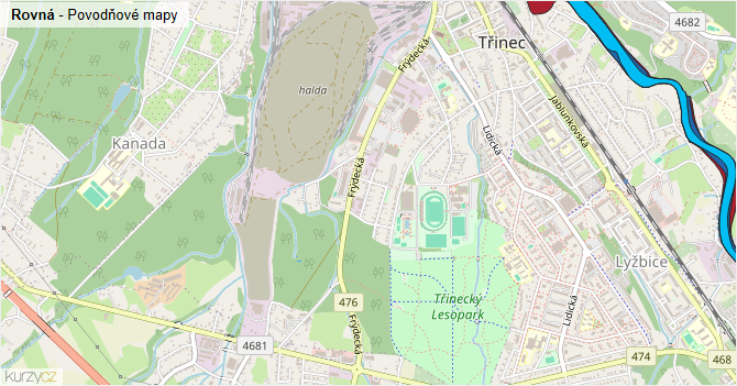 Rovná - záplavové mapy stoleté vody