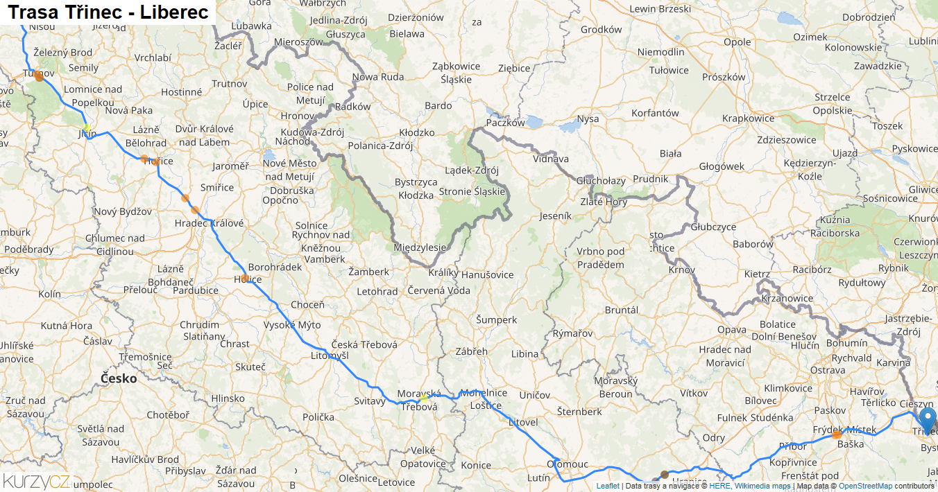 Třinec-Liberec, mapa trasy