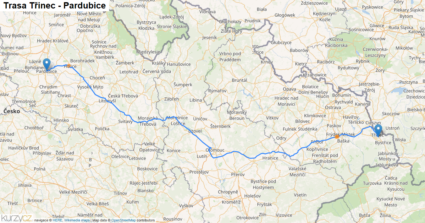 Třinec-Pardubice, mapa trasy
