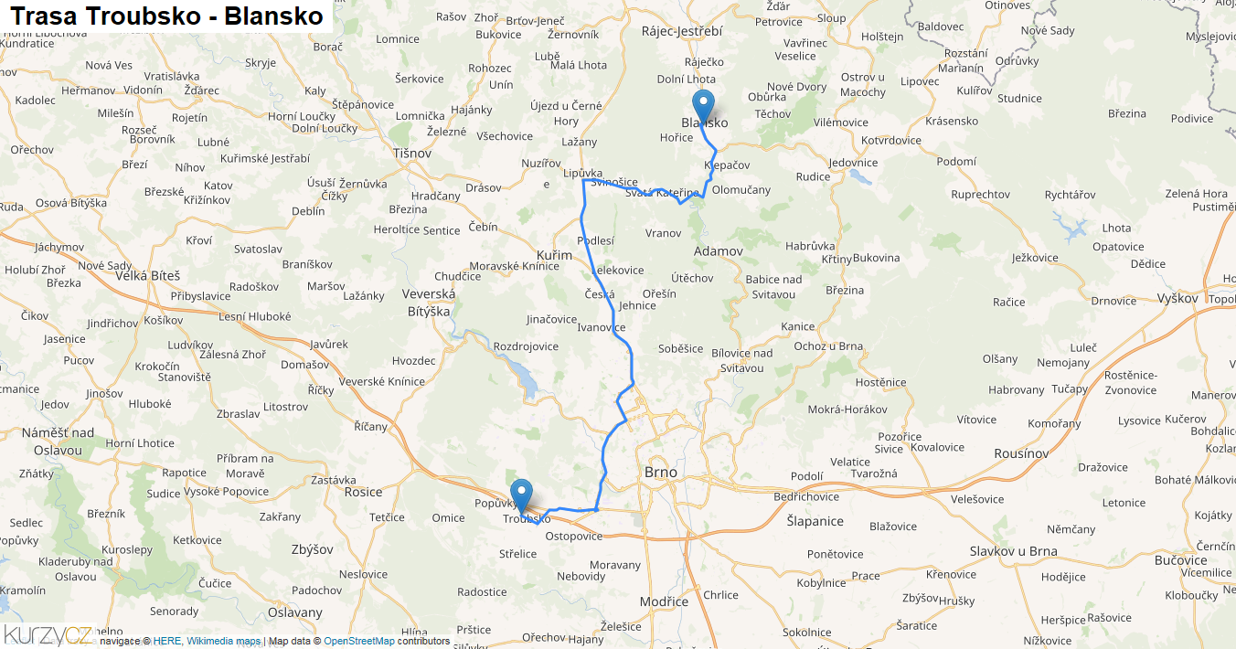 Troubsko-Blansko, mapa trasy
