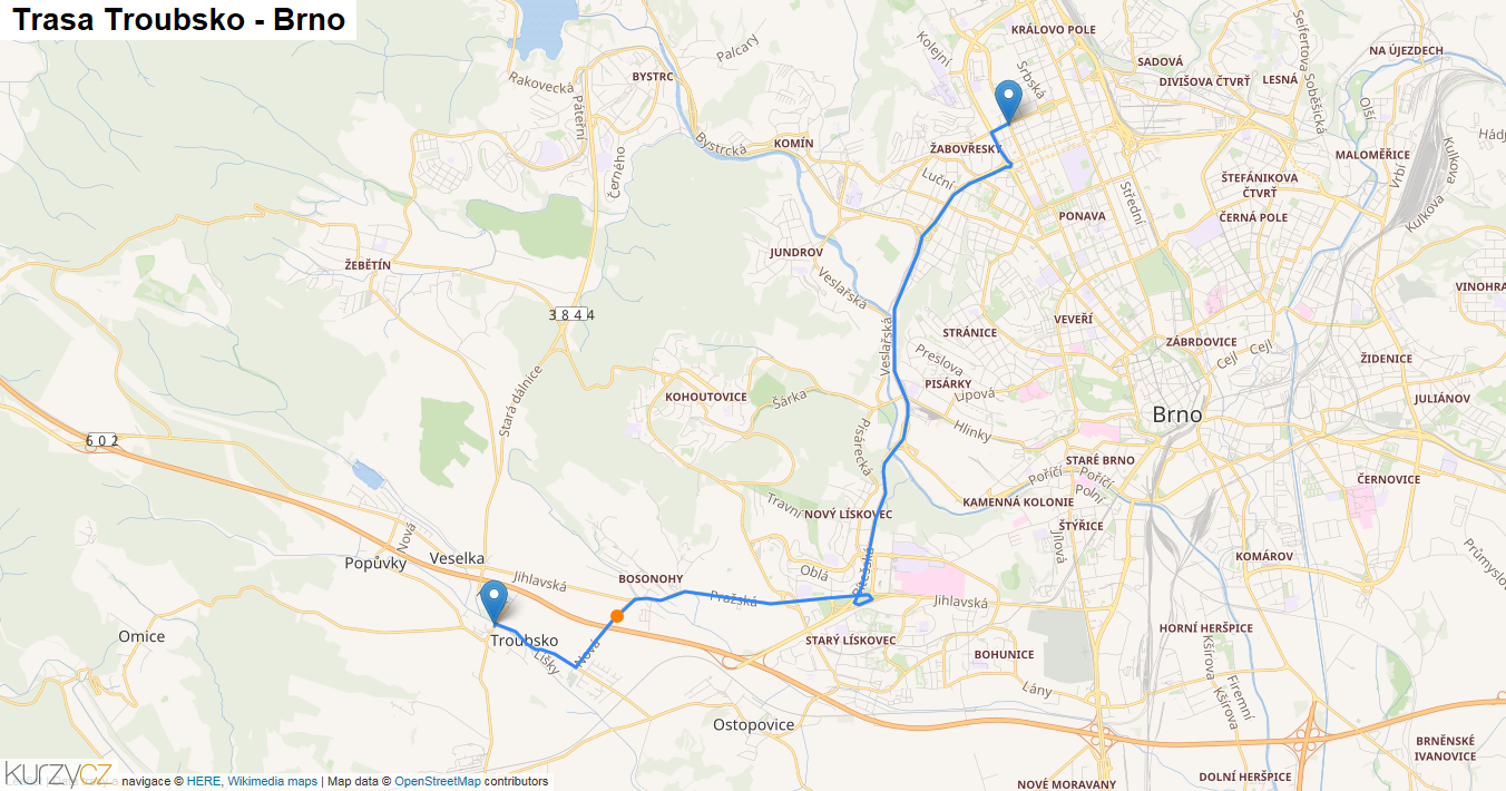 Troubsko-Brno, mapa trasy