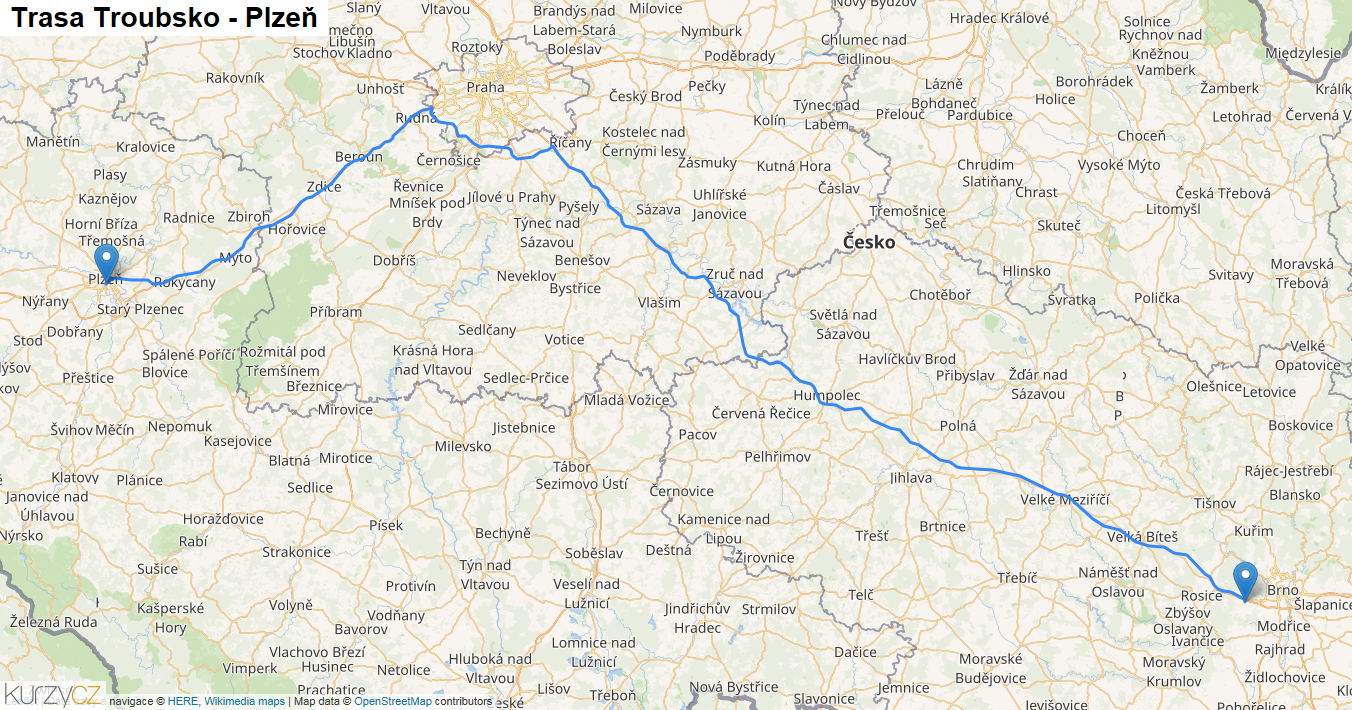 Troubsko-Plzeň, mapa trasy