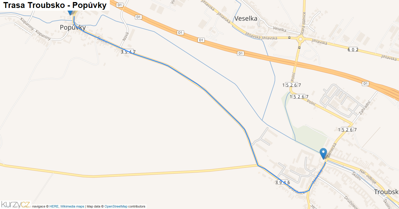 Troubsko-Popůvky, mapa trasy