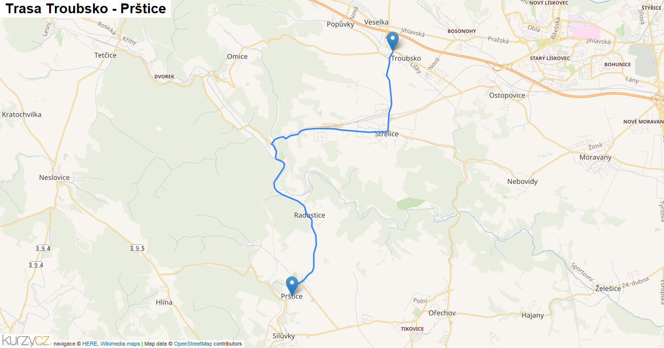 Troubsko-Prštice, mapa trasy
