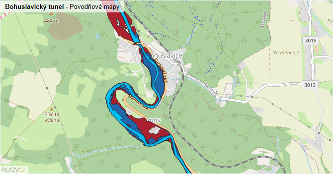 Bohuslavický tunel - záplavové mapy stoleté vody