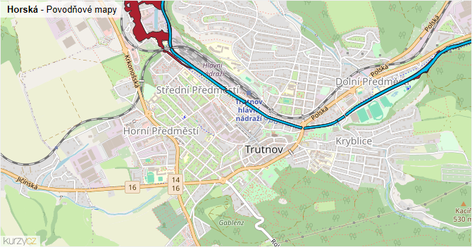 Horská - záplavové mapy stoleté vody