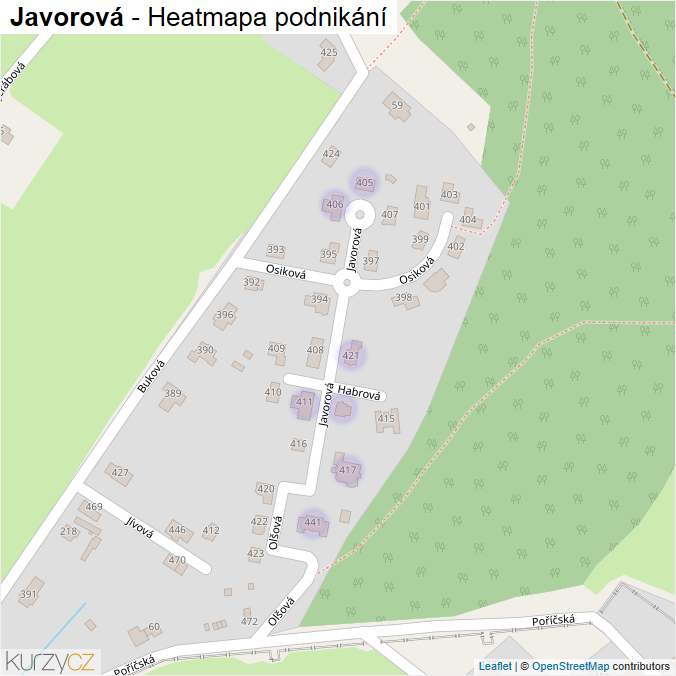 Mapa Javorová - Firmy v ulici.