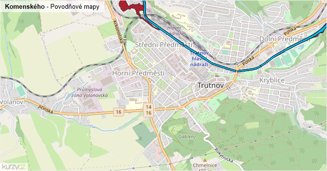 Komenského - záplavové mapy stoleté vody