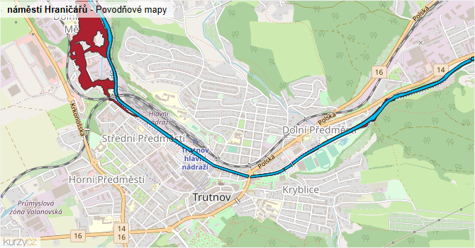 náměstí Hraničářů - záplavové mapy stoleté vody