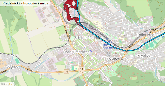 Přádelnická - záplavové mapy stoleté vody