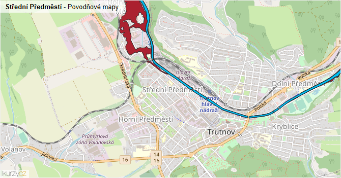 Střední Předměstí - záplavové mapy stoleté vody