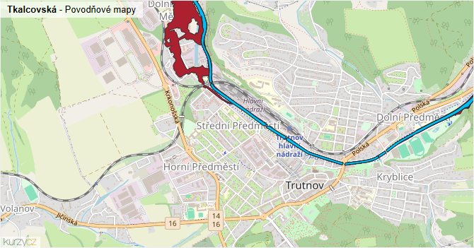 Tkalcovská - záplavové mapy stoleté vody