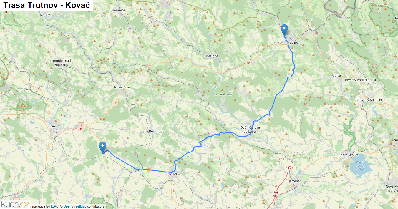 Trutnov-Kovač, mapa trasy