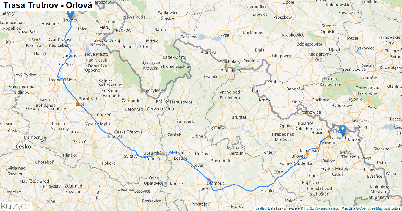 Trutnov-Orlová, mapa trasy