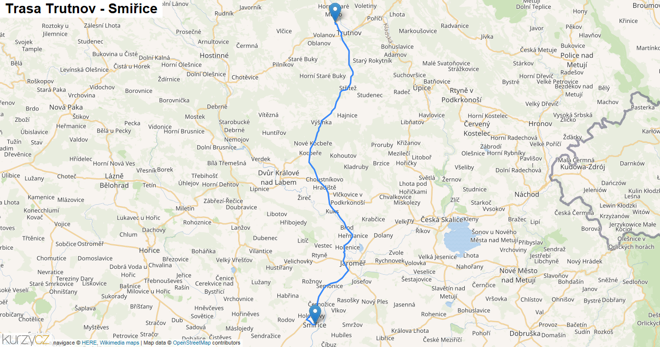 Trutnov-Smiřice, mapa trasy