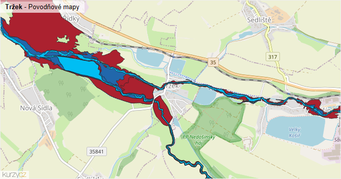 Tržek - záplavové mapy stoleté vody