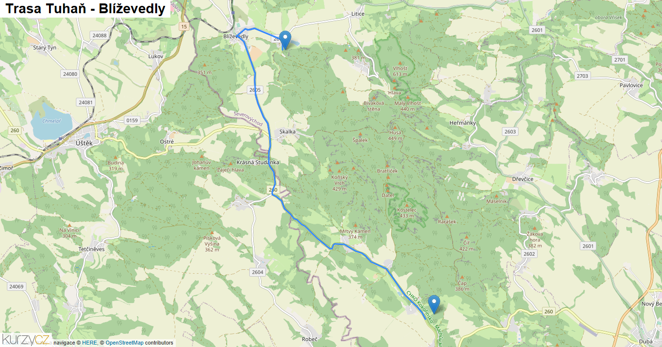 Tuhaň-Blíževedly, mapa trasy