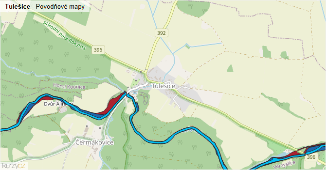 Tulešice - záplavové mapy stoleté vody